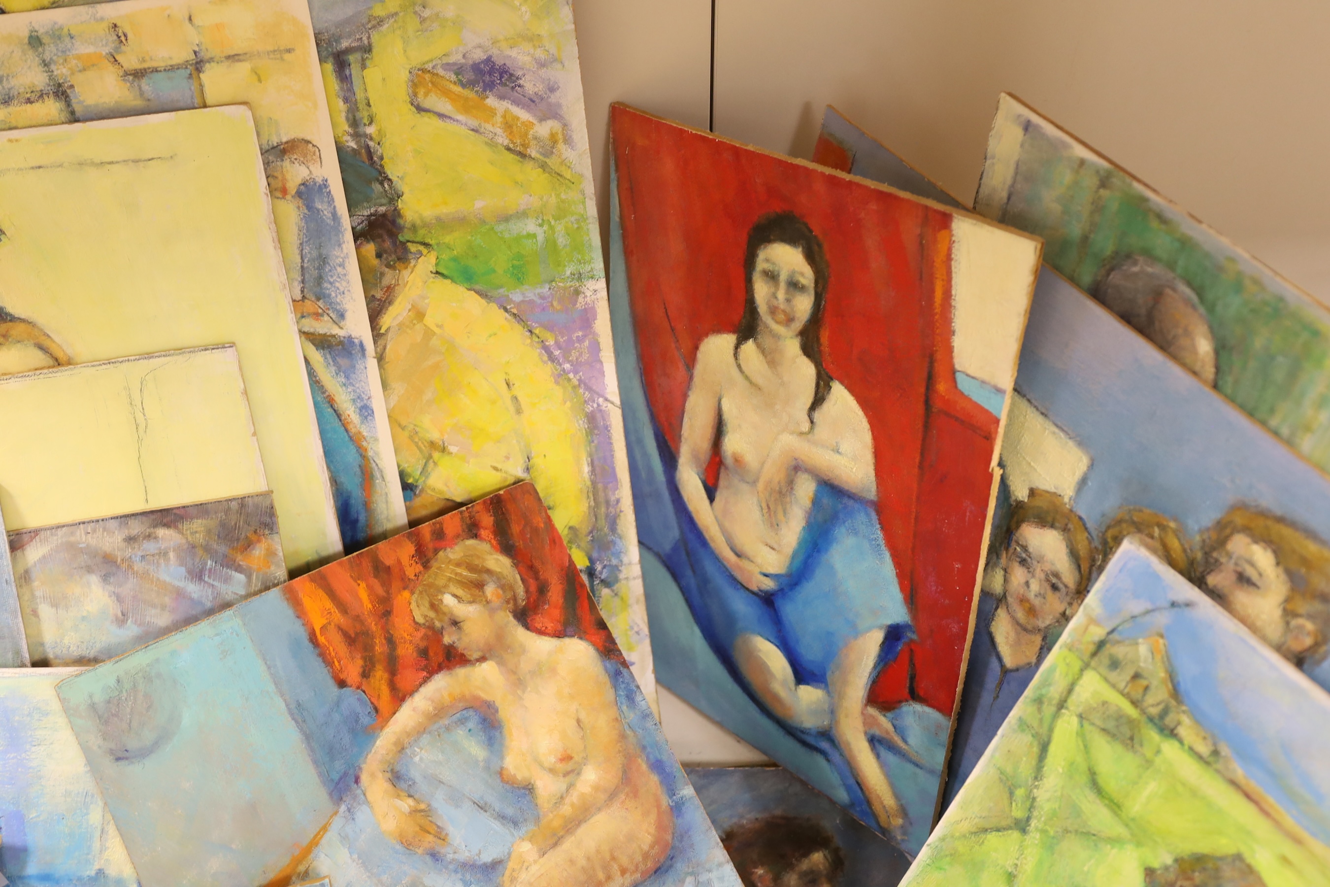 Terry Perry, a collection of assorted oils on board and card, mostly nude studies, with labels verso, largest 60 x 60cm, smallest 15 x 12cm. Condition - good, some surface dirt